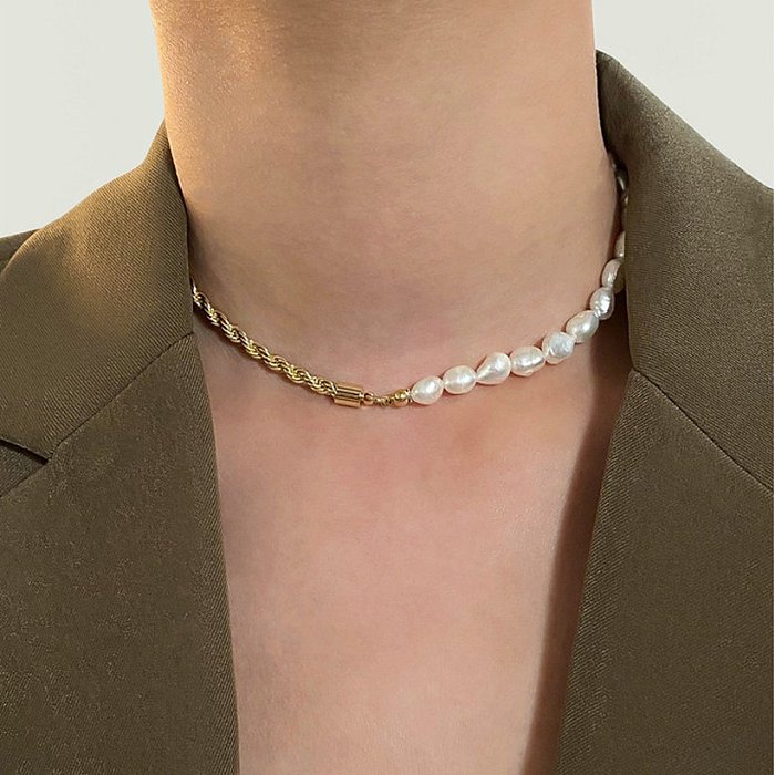 Natural Freshwater Pearl Twist Chain Splicing 14K Gold Necklace