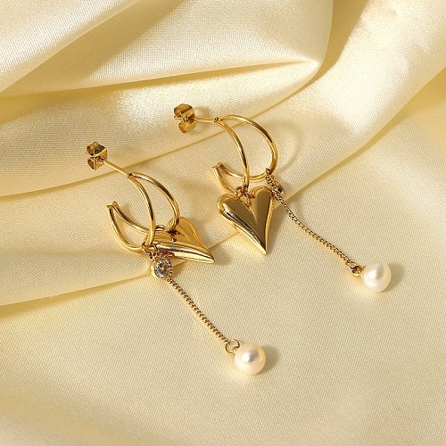 14K Gold Stainless Steel Heart Pendant Pearl Zircon Tassel Earrings