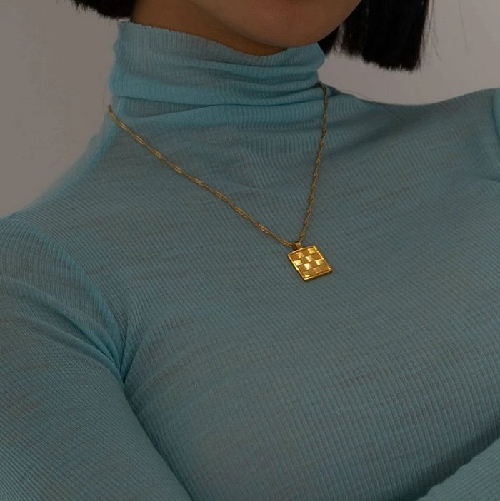 wholesale jewelry square checkerboard pendant stainless steel goldplated necklace jewelry