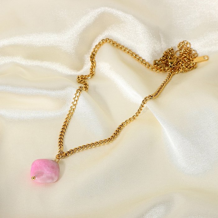 Collar de piedra natural rosa de acero inoxidable chapado en oro retro, joyería al por mayor