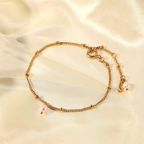 Bracelet chaîne fine en acier inoxydable neuf plaqué or avec deux perles de millet