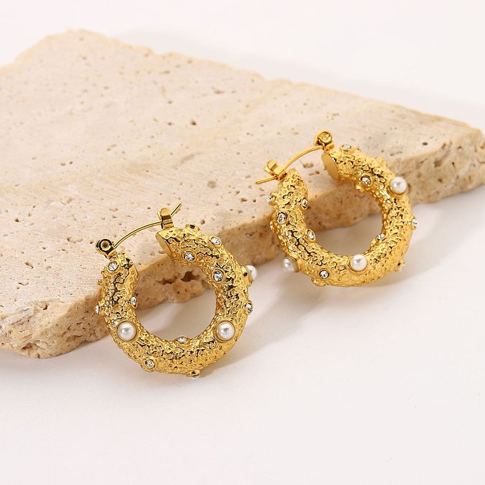 Pendientes de aro de perlas de moda Pendientes de circonita cúbica de martillo de joyería de acero inoxidable de oro de 18k