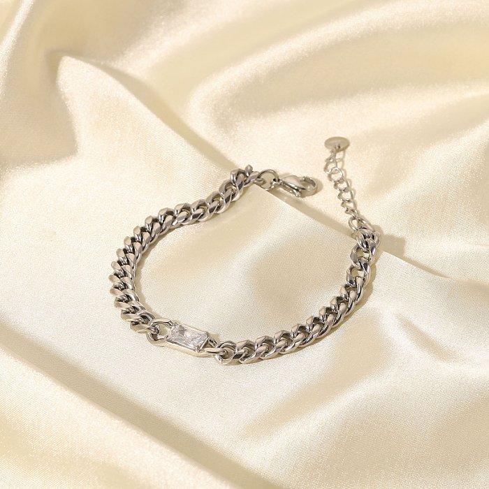 Einfaches quadratisches weißes Zirkon-Kettenarmband aus Edelstahl