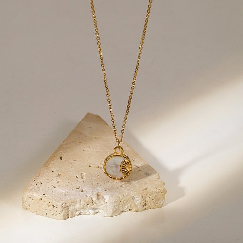 fashion Stainless Steel 18K Gold Plated round White Shell Moon Necklace
