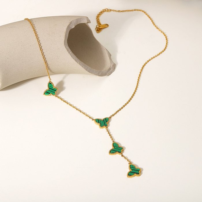 collier vintage en forme de Y avec pendentif papillon en acier inoxydable plaqué or 18 carats