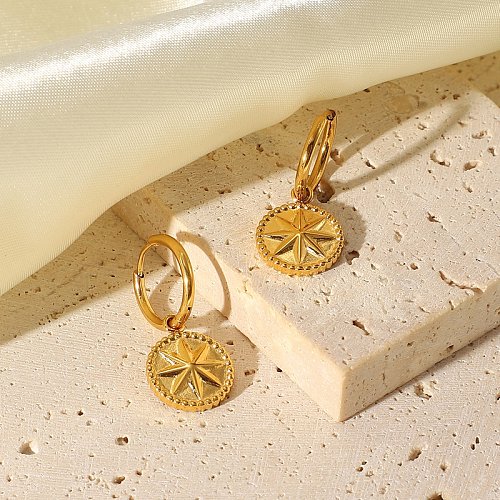 European and American personality titanium steel 18K gold plated eightpointed star coin pendant earrings