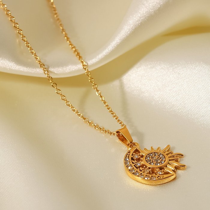 Colar fashion sol estrela lua aço inoxidável banhado a ouro zircão colares de aço inoxidável