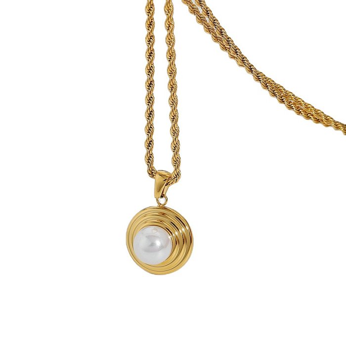 Fashion Round Tire Pattern Pearl Pendant Gold Plated Stainless Steel Necklace