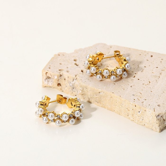 Brincos de aço inoxidável de ouro 18K com pérolas de dupla camada incrustadas de zircão fashion