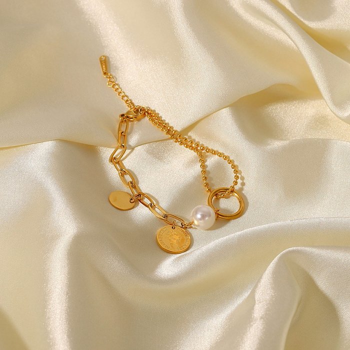 Retro-Stil Edelstahl 18 Karat vergoldet Elizabeth Coin Pendant Pearl Ball Bead Chain Stitching Armband