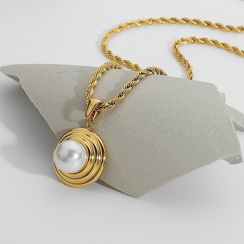 Fashion Round Tire Pattern Pearl Pendant Gold Plated Stainless Steel Necklace