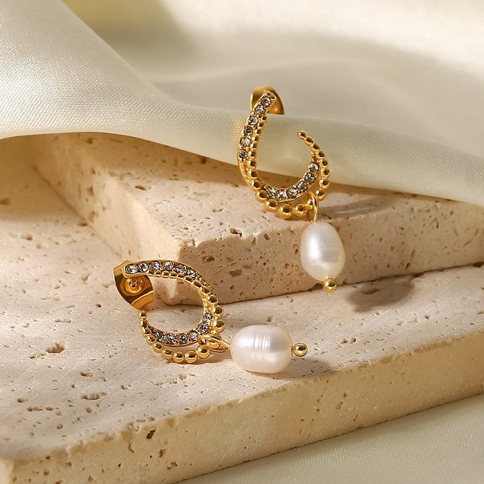 Pendientes geométricos de acero inoxidable a la moda con incrustaciones de perlas artificiales pendientes de acero inoxidable con circón