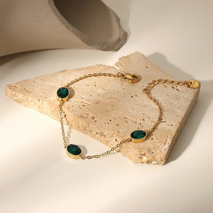 جديد الرجعية البيضاوي الأخضر الزركون مجوهرات الأزياء 14 كيلو مطلية بالذهب سوار الفولاذ المقاوم للصدأ