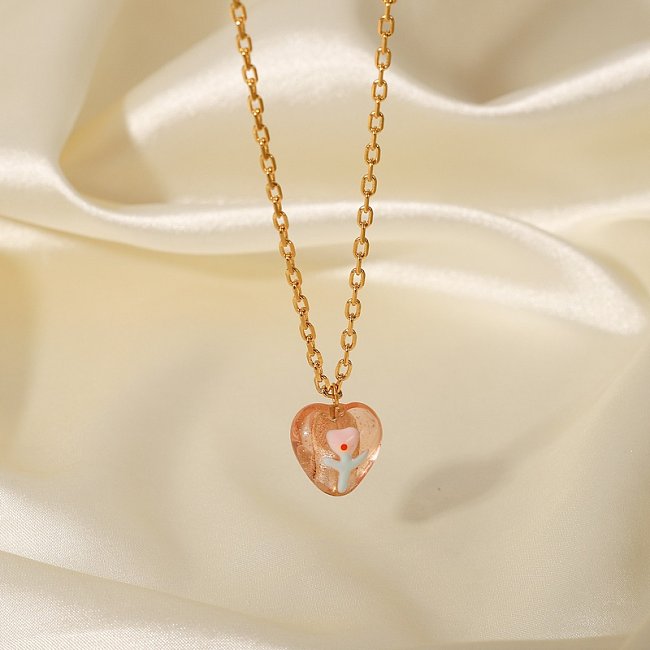 New Style 18K Gold plated Stainless Steel HeartShaped Pink Colored Glaze Pendant Necklace