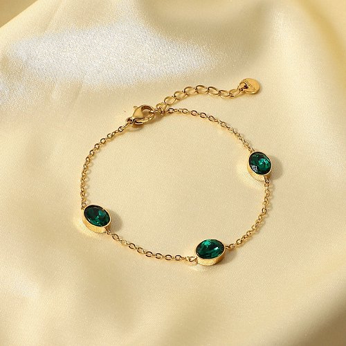 Nova jóia retrô oval verde zircão moda pulseira de aço inoxidável banhado a ouro 14K