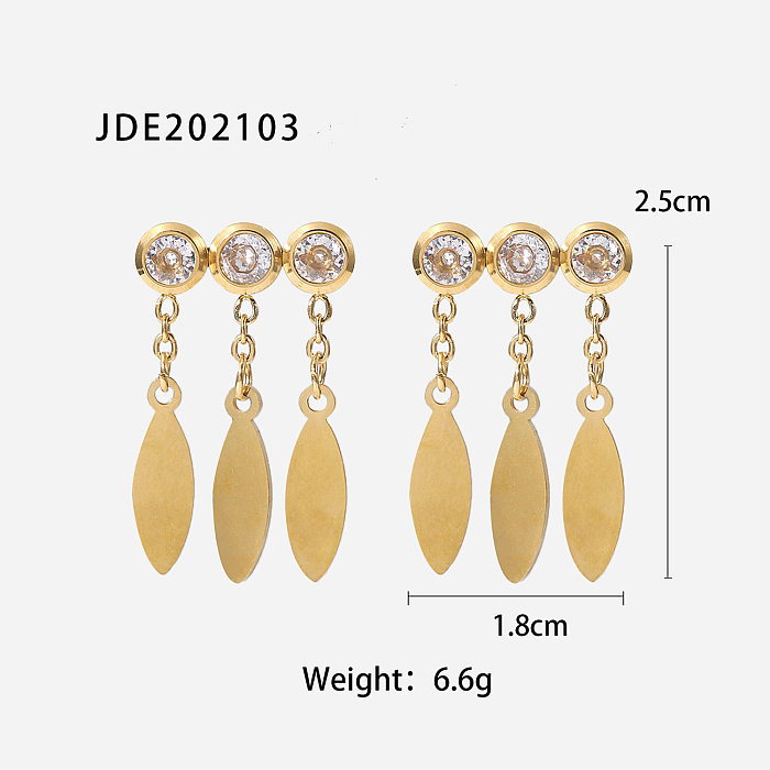 Fashion Stainless Steel 14K Gold Plated round Zirconium Leaf Pendant Earrings