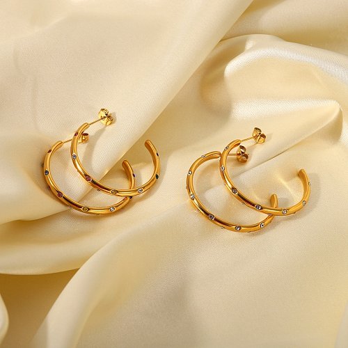 fashion retro 18K gold stainless steel large Cshaped colored zircon earrings