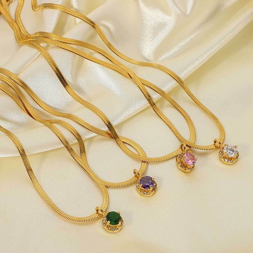 European and American wind 18k gold stainless steel round zircon double layer threedimensional pendant flat snake chain pendant necklace