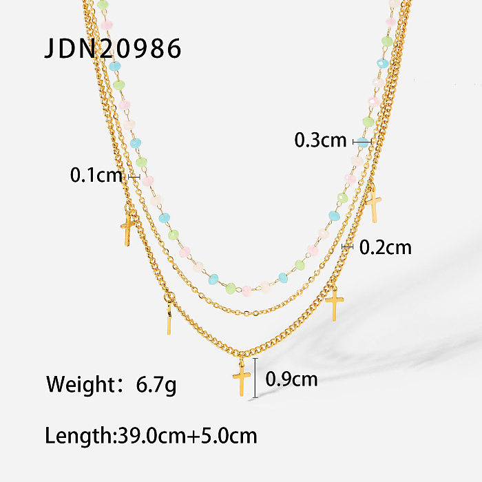 Fashion Colored Bead Titanium Steel Chain Cross Tassel Pendant ThreeLayer 18K GoldPlated Stainless Steel Necklace