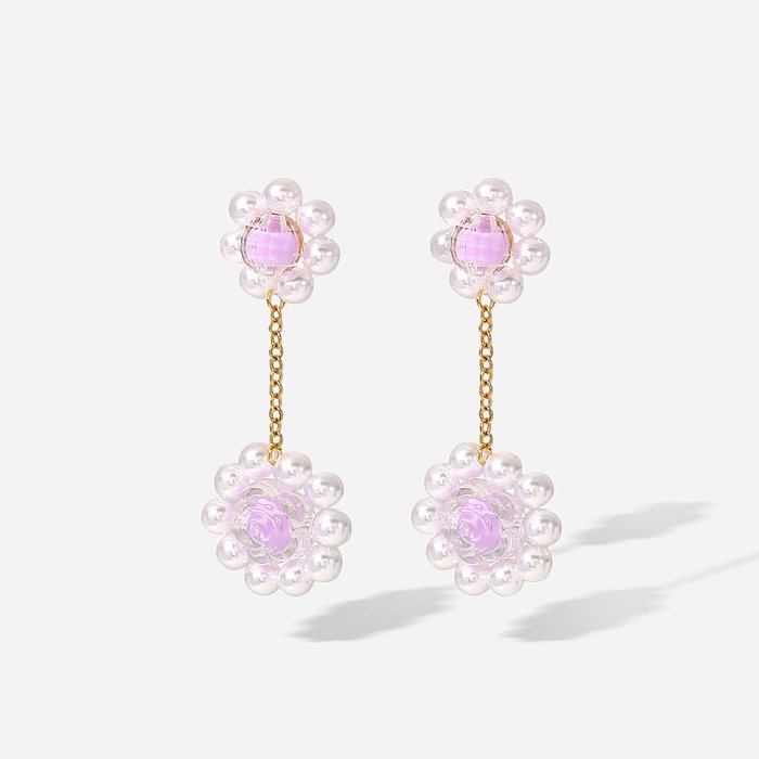 2022 Neue 18 Karat vergoldete Edelstahl-Ohrringe mit gewebten lila Perlenblumenkristallen