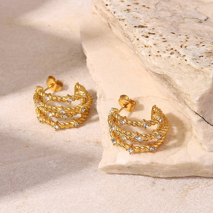 Fashion Gold Zircon CShaped Stainless Steel Hollow Plating Earrings