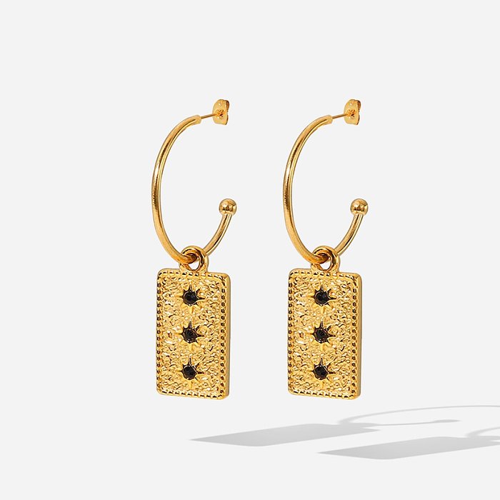 Brincos de aço inoxidável pingente de zircão preto com estrela quadrada de ouro 18k fashion embutido
