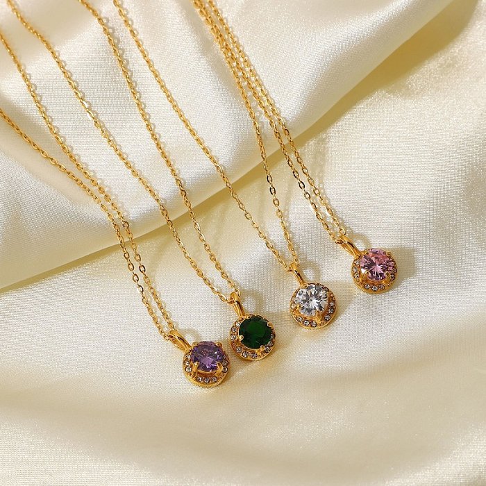 European and American style new fashion necklace 18k gold stainless steel double layer round zircon pendant simple necklace