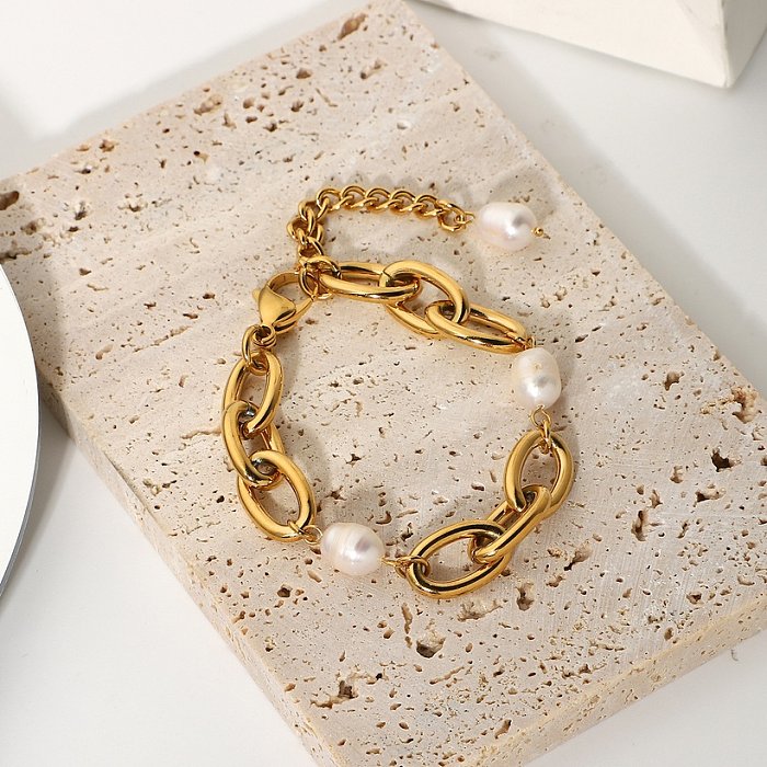 pulseira de aço inoxidável oval barroco banhado a ouro