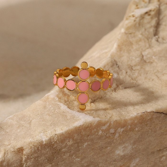 Anillo de apertura cruzada de círculo de goteo rosa de acero inoxidable chapado en oro de 18 quilates a la moda