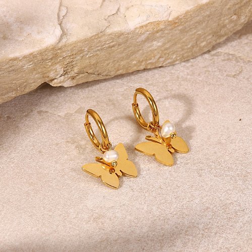 New style 18K Gold plated Smooth Butterfly Pearl Pendant stainless steel Earrings