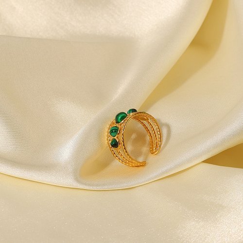 Fashion Natural Malachite round Hollow Waterproof Opening Stainless Steel Ring Women
