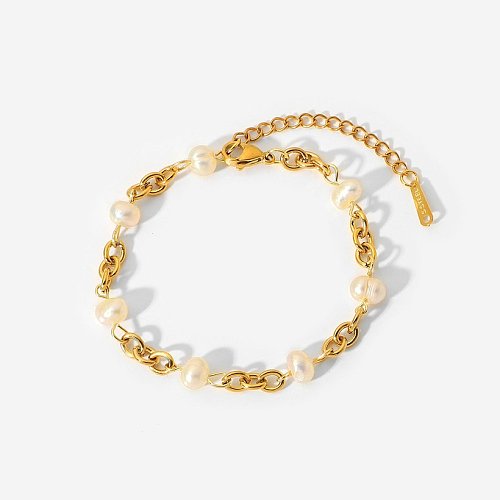 European and American Ins Hot Selling Product Stainless Steel 18K Gold Plated 6 Natural Freshwater Pearl Chain Bracelet Womens Bracelet