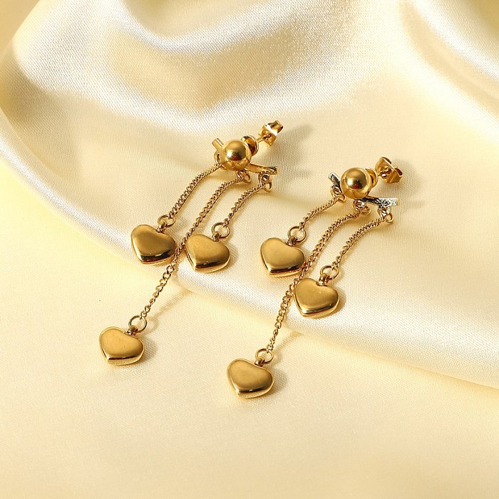Fashion 14K gold electroplated stainless steel heart shaped pendant tassel earrings