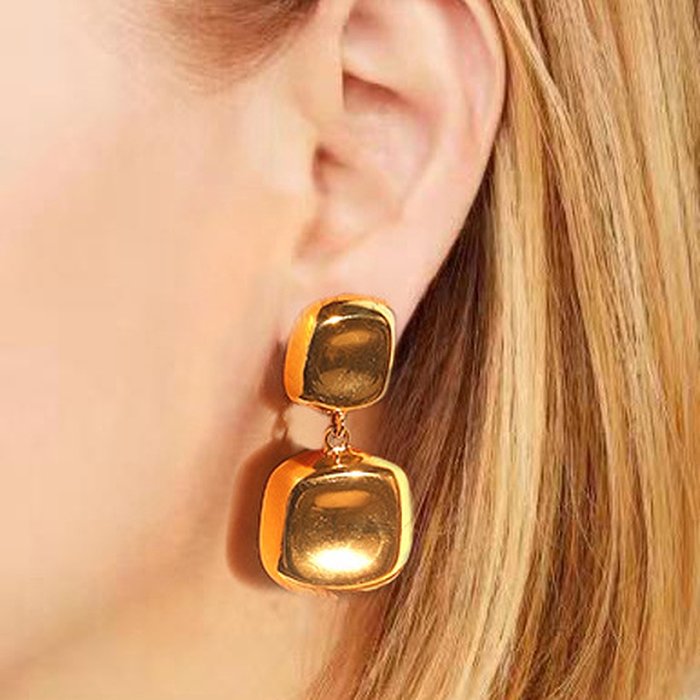 Neue 18 Karat vergoldete, konkave quadratische Tropfenohrringe aus Edelstahl mit zweiseitigen Ohrringen