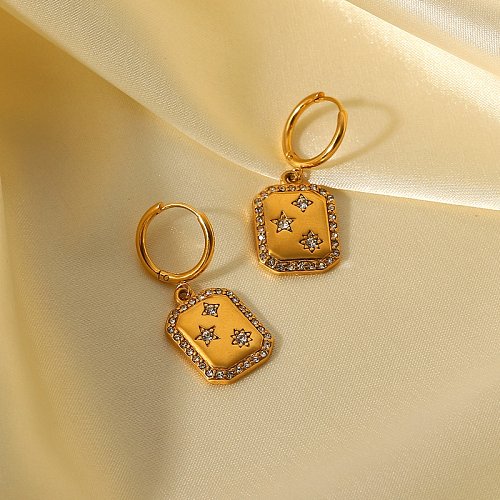 Boucles d'oreilles pendantes carrées incrustées d'étoiles de zircon en cercle complet en acier inoxydable en or 18 carats