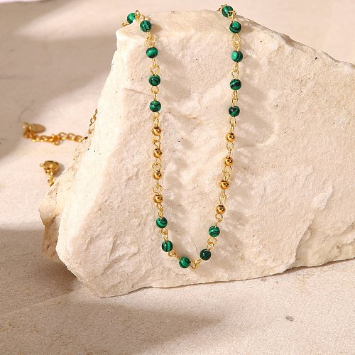 Fashion 18K Gold Stainless Steel Green Peacock Stone Beads Necklace Women