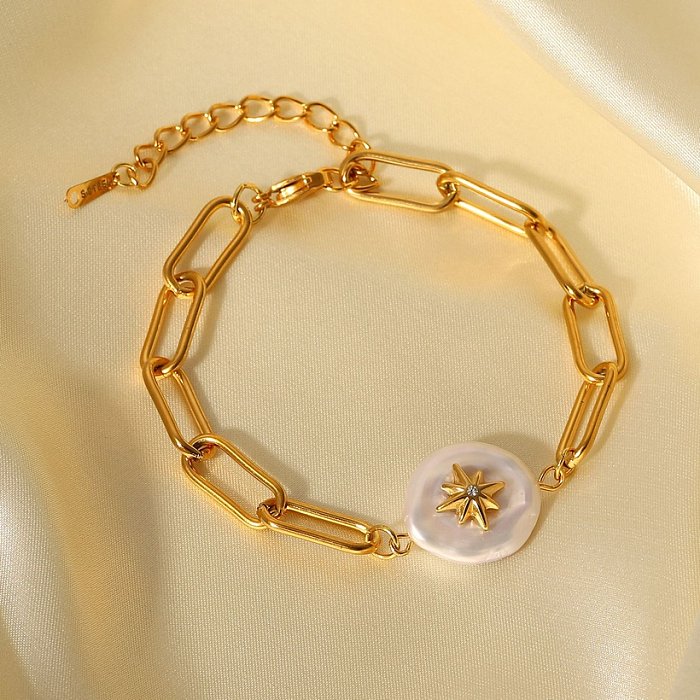 pulseira de pérola incrustada com estrela de oito pontas em aço inoxidável banhado a ouro 18K fashion