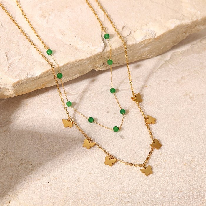 Fashion 18K Gold Stainless Steel Ornament Green Stone Small Beads Butterfly Tassel Double Titanium Steel Necklace