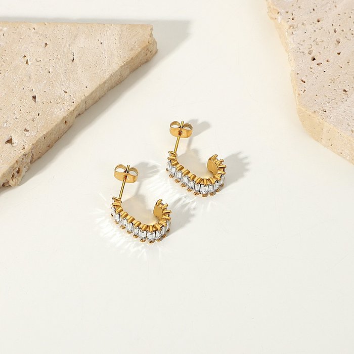 fashion Cshaped female 18K gold stainless steel zircon inlaid geometric stud earrings