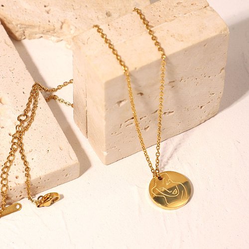 Fashion stainless steel round female face engraving necklace