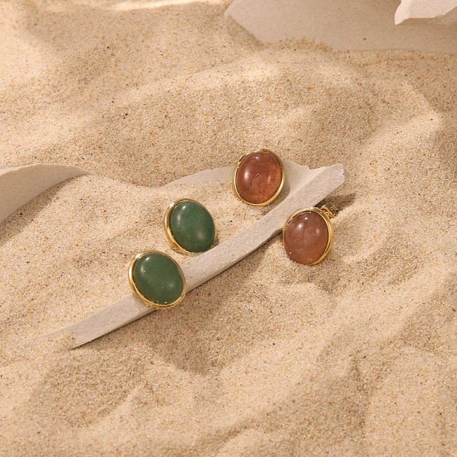 Fashion 14K Gold Oval Strawberry Quartz Green Aventurine Stainless Steel Ear Stud Earrings