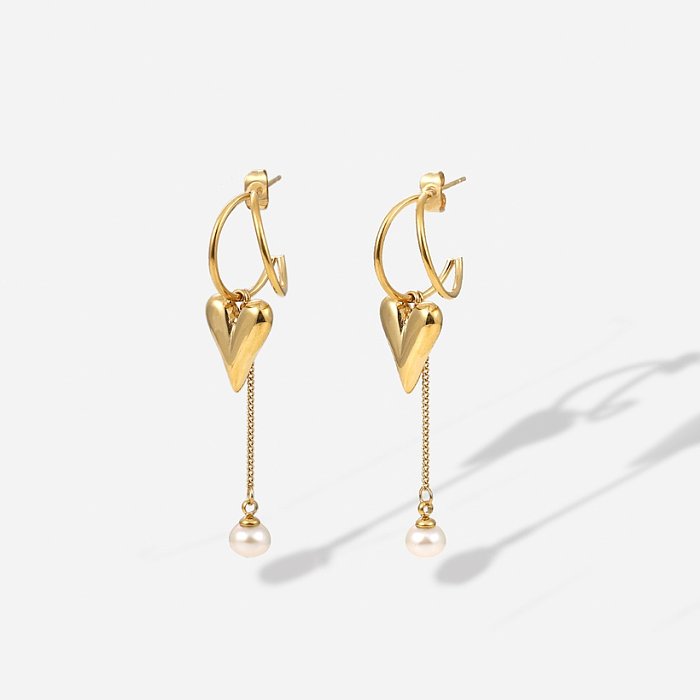 14K Gold Stainless Steel Heart Pendant Pearl Zircon Tassel Earrings
