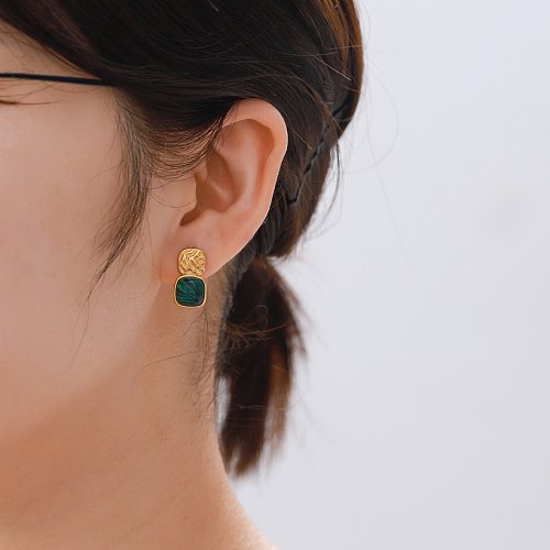 Boucles d'oreilles en acier inoxydable avec placage géométrique rétro et pierres précieuses artificielles
