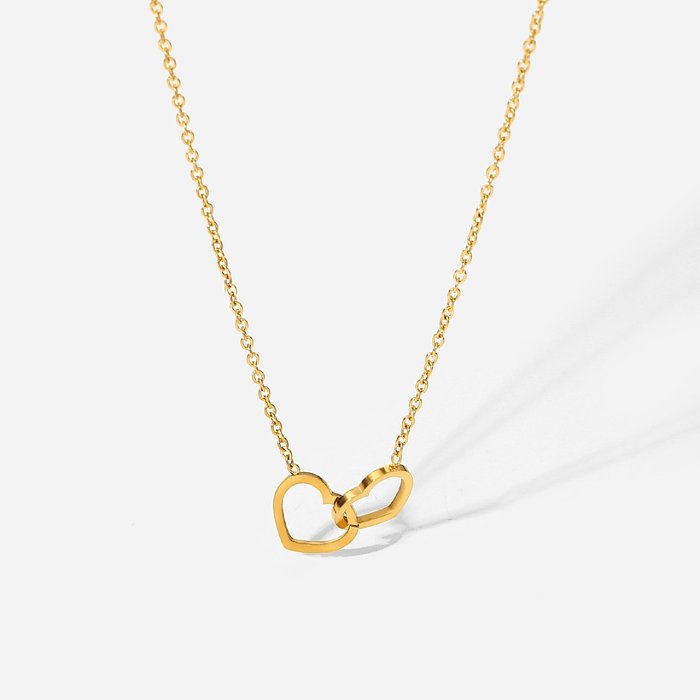 collier simple anneau double coeur en acier inoxydable or 18 carats en gros