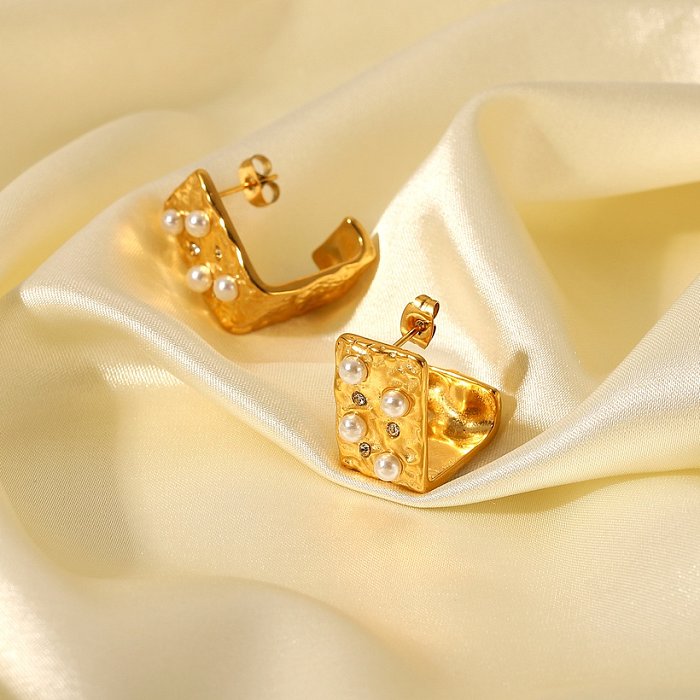 retro inlaid pearl hammer pattern square widefaced geometric stud earrings 18K gold stainless steel