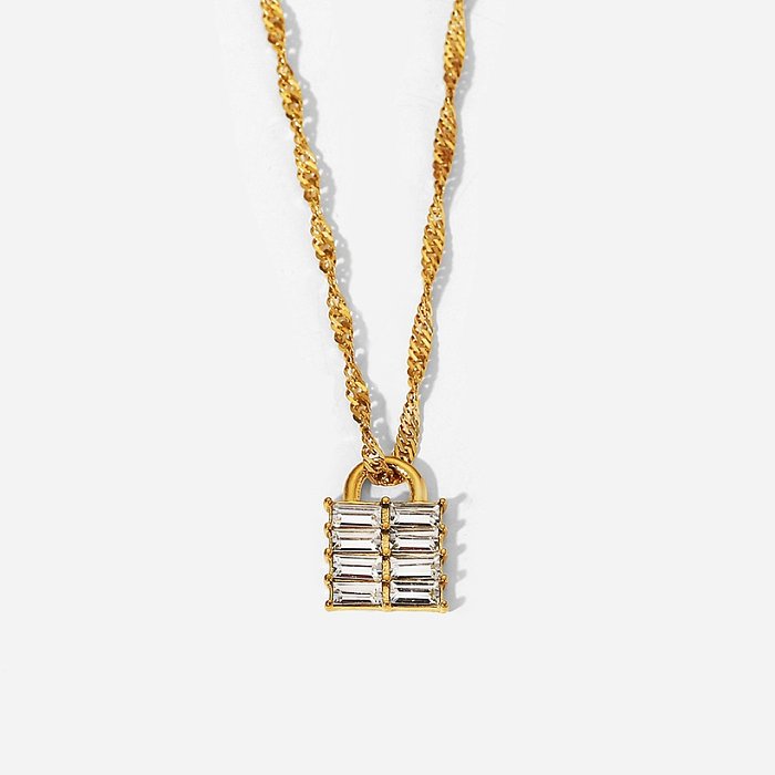 Novo colar pingente com cadeado quadrado banhado a ouro 18k zircão em aço inoxidável