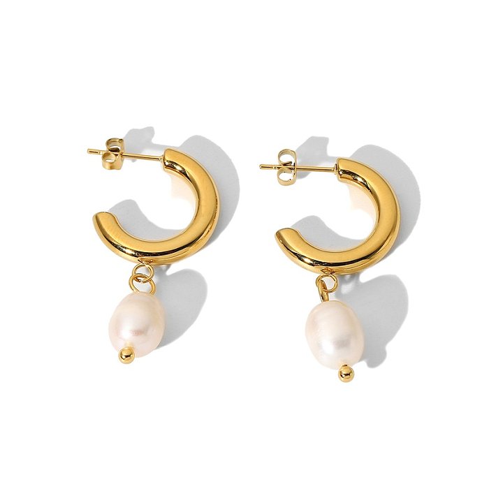 vente en gros de boucles d'oreilles créoles pendentif perle en forme de C en acier inoxydable bijoux