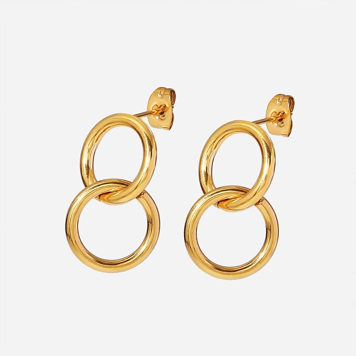 Pendientes colgantes de doble círculo de acero inoxidable chapados en oro de 18 quilates a la moda