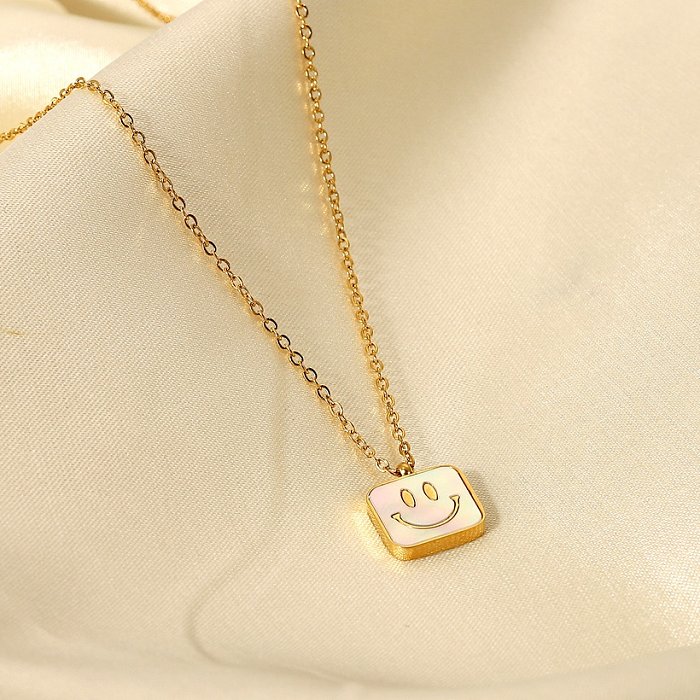 18K goldplated stainless steel square smiley face pendant natural white shell necklace