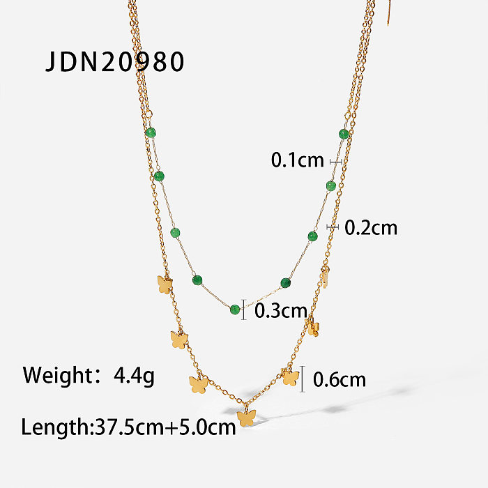 Fashion 18K Gold Stainless Steel Ornament Green Stone Small Beads Butterfly Tassel Double Titanium Steel Necklace